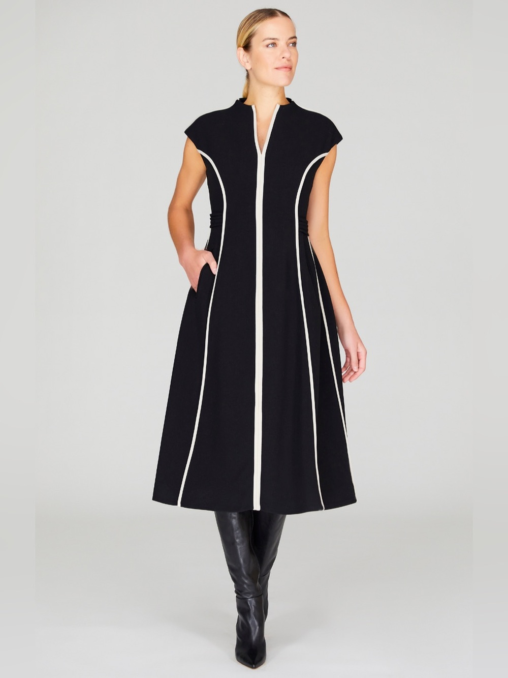 MI JONG LEE Double Face Cap Sleeve Fit & Flare Dress w/Contrast Bias Black Stone